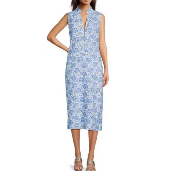 Sail To Sable Linen Blend Midi Dress Rose Floral Blue Resort Cottage XXS NWT - Picture 7 of 16